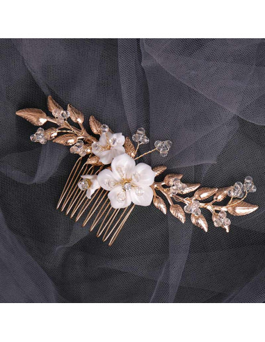 Pieptene de par elegant, ramuri lungi metalice si trei floricele din acril, cu margelute