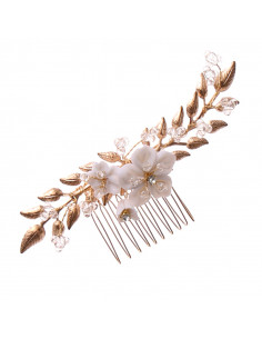 Pieptene de par elegant, ramuri lungi metalice si trei floricele din acril, cu margelute