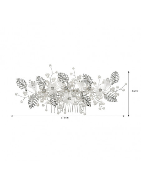 Pieptene de par din fire delicate, frunze metalice cu cristale, flori din acril si perlute