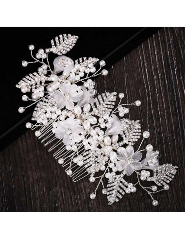 Pieptene de par din fire delicate, frunze metalice cu cristale, flori din acril si perlute