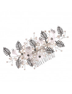 Pieptene de par din fire delicate, frunze metalice cu cristale, flori din acril si perlute 2