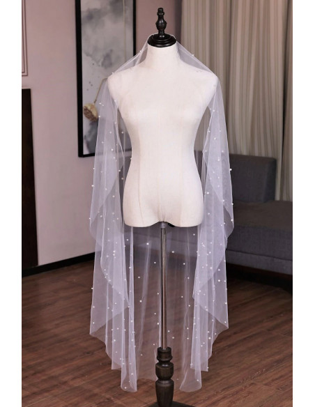 Voal de mireasa lung pana la gambe, simplu, rotund, presarat cu perle 150cm V05