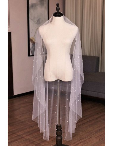 Voal de mireasa lung pana la gambe, simplu, rotund, presarat cu perle 150cm V05
