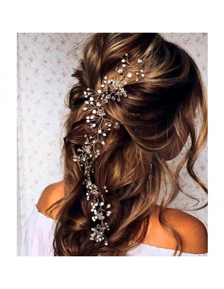 Accesoriu de par pentru mirese, fir 140 cm, cu margelute si perle pentru impletituri si coc