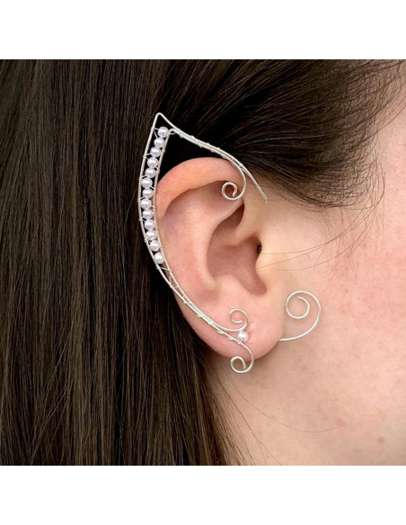 Cercel ear cuff wrap, hand made, ureche de elf din fir metalic, cu perle