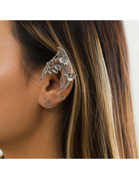 Cercel ear cuff wrap, hand made, ureche de elf din fir metalic, cu frunze si flori