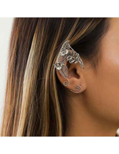 Cercel ear cuff wrap, hand made, ureche de elf din fir metalic, cu frunze si flori