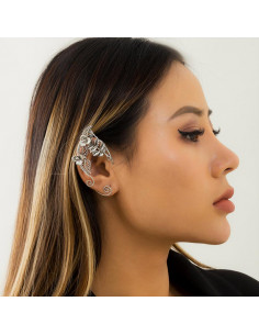 Cercel ear cuff wrap, hand made, ureche de elf din fir metalic, cu frunze si flori