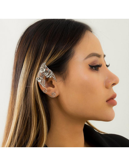 Cercel ear cuff wrap, hand made, ureche de elf din fir metalic, cu frunze si flori