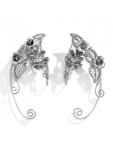 Cercel ear cuff wrap, hand made, ureche de elf din fir metalic, cu frunze si flori