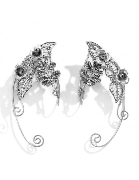 Cercel ear cuff wrap, hand made, ureche de elf din fir metalic, cu frunze si flori