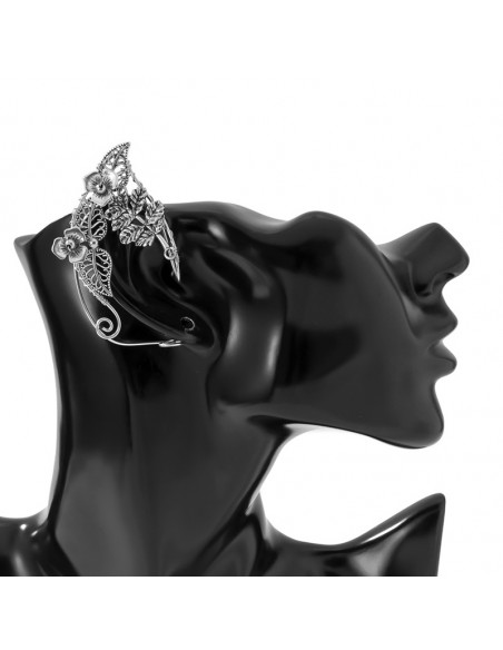 Cercel ear cuff wrap, hand made, ureche de elf din fir metalic, cu frunze si flori