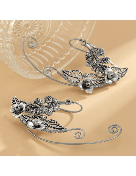Cercel ear cuff wrap, hand made, ureche de elf din fir metalic, cu frunze si flori