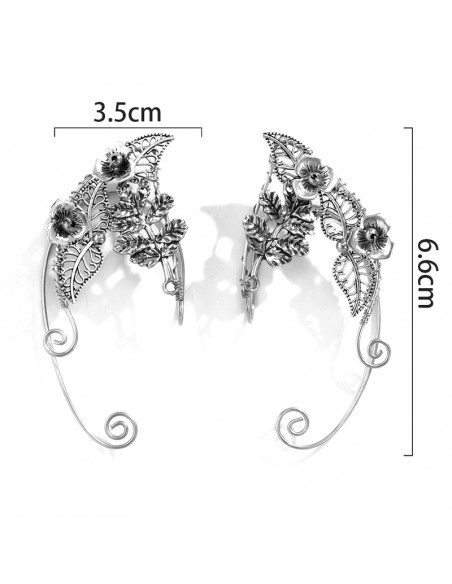 Cercel ear cuff wrap, hand made, ureche de elf din fir metalic, cu frunze si flori