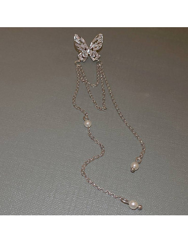 Ear cuff elegant, fluturas din cristale dreptunghiulare, cu lantisoare cu perle