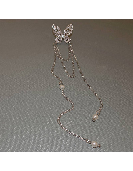 Ear cuff elegant, fluturas din cristale dreptunghiulare, cu lantisoare cu perle