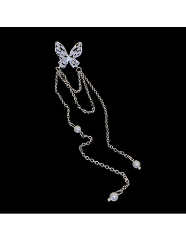 Ear cuff elegant, fluturas din cristale dreptunghiulare, cu lantisoare cu perle