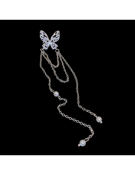 Ear cuff elegant, fluturas din cristale dreptunghiulare, cu lantisoare cu perle