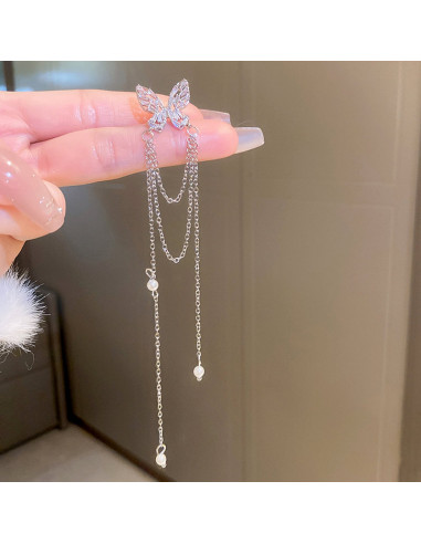 Ear cuff elegant, fluturas din cristale dreptunghiulare, cu lantisoare cu perle