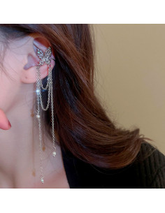 Ear cuff elegant, fluturas din cristale dreptunghiulare, cu lantisoare cu perle