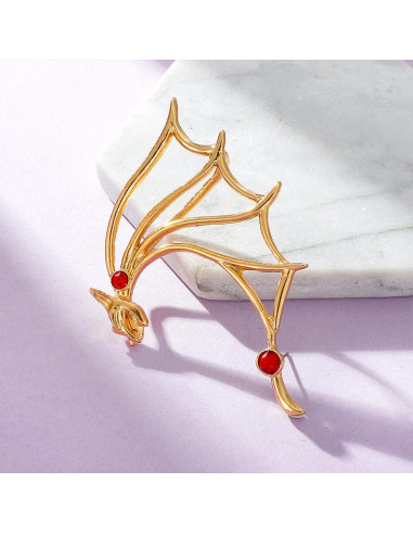 Cercel ear cuff wrap, liliac cu aripa mare si cristal rosu