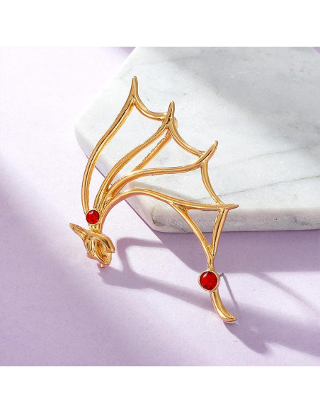 Cercel ear cuff wrap, liliac cu aripa mare si cristal rosu