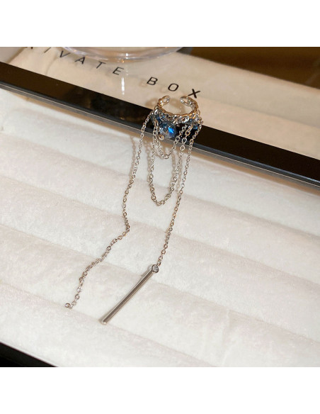 Ear cuff elegant, inel cu margelute fatetate, lantisoare si tija metalica