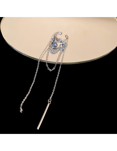 Ear cuff elegant, inel cu margelute fatetate, lantisoare si tija metalica