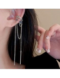 Ear cuff elegant, inel cu margelute fatetate, lantisoare si tija metalica