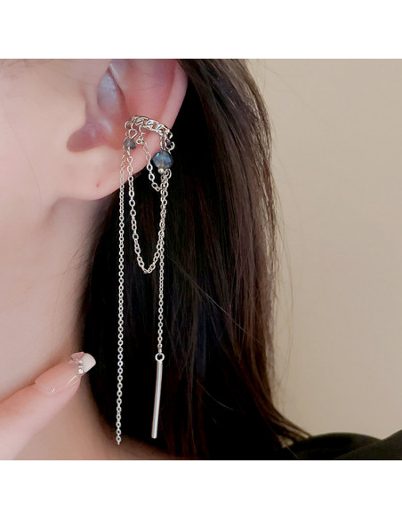 Ear cuff elegant, inel cu margelute fatetate, lantisoare si tija metalica
