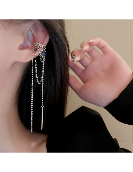 Ear cuff elegant, inel cu margelute fatetate, lantisoare si tija metalica
