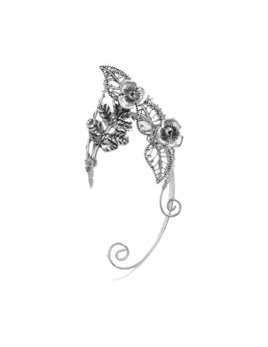 Cercel ear cuff wrap, hand made, ureche de elf din fir metalic, cu frunze si flori