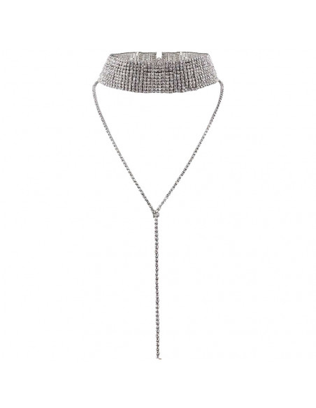 Choker lat luxury, din siruri de cristale, cu fir lung pe decolteu