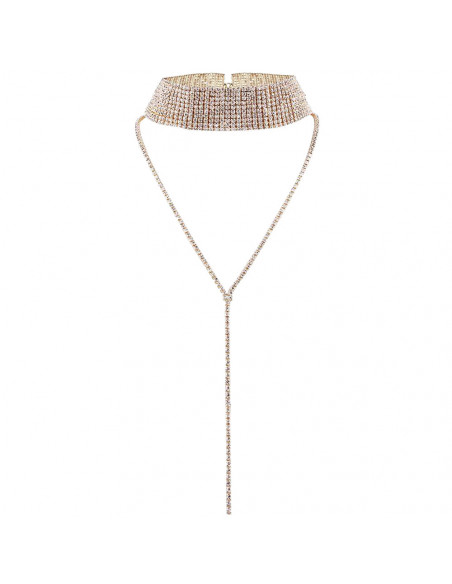 Choker lat luxury, din siruri de cristale, cu fir lung pe decolteu