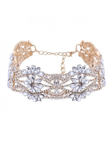 Choker lat luxury, flori din cristale rotunde, patrate si picaturi