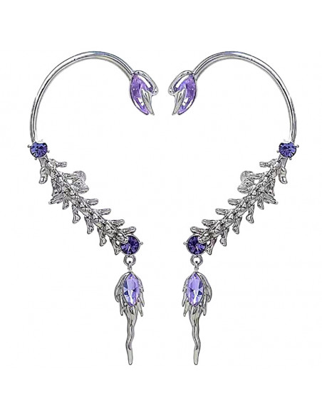 Cercei ear cuff pereche, model abstract cu sira spinarii si cristale mov