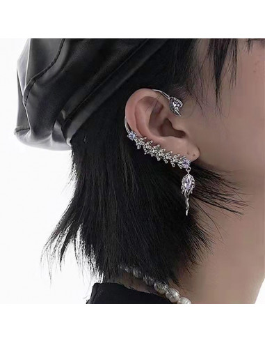 Cercei ear cuff pereche, model abstract cu sira spinarii si cristale mov
