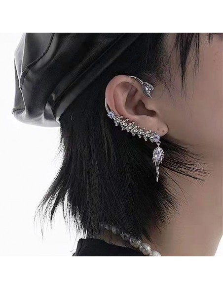 Cercei ear cuff pereche, model abstract cu sira spinarii si cristale mov