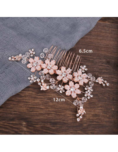 Pieptene de par din fire delicate, flori si frunze metalice, cu perle, cristale si margelute