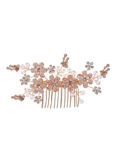 Pieptene de par din fire delicate, flori si frunze metalice, cu perle, cristale si margelute