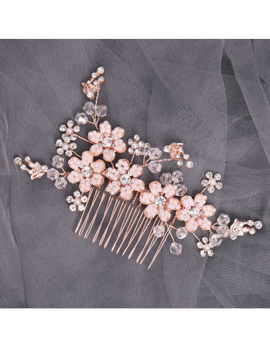 Pieptene de par din fire delicate, flori si frunze metalice, cu perle, cristale si margelute