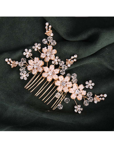 Pieptene de par din fire delicate, flori si frunze metalice, cu perle, cristale si margelute