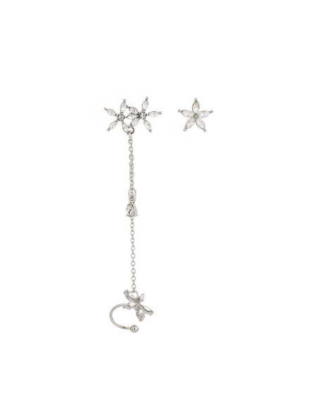 Set cercei ear cuff asimetrici cu floricele cu cristale si lantisoare
