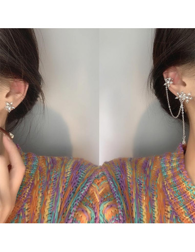 Set cercei ear cuff asimetrici cu floricele cu cristale si lantisoare