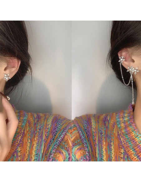 Set cercei ear cuff asimetrici cu floricele cu cristale si lantisoare