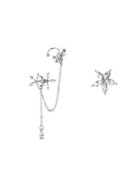 Set cercei ear cuff asimetrici cu floricele cu cristale si lantisoare