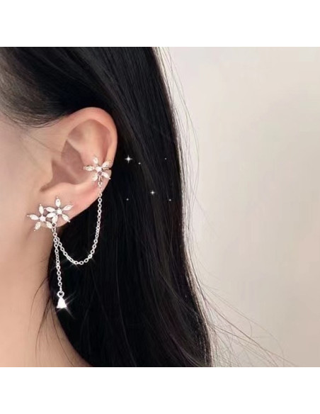 Set cercei ear cuff asimetrici cu floricele cu cristale si lantisoare