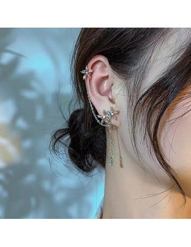 Set cercei ear cuff asimetrici cu floricele cu cristale si lantisoare
