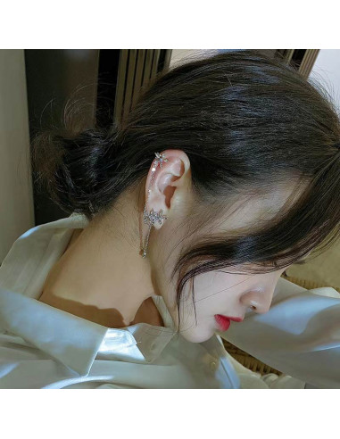Set cercei ear cuff asimetrici cu floricele cu cristale si lantisoare
