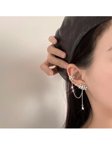 Set cercei ear cuff asimetrici cu floricele cu cristale si lantisoare